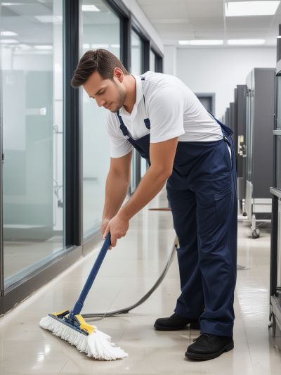 Commercial cleaning team working in professional office environment