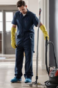 Professional cleaner working with advanced equipment